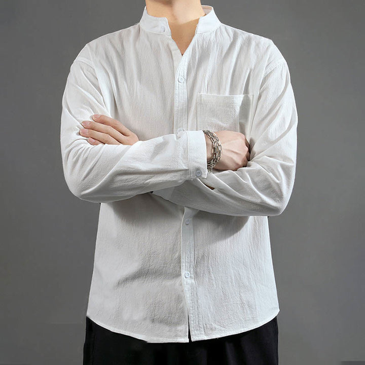Camisa de lino cómoda de manga larga con cuello alto y bolsillo para hombre Buddha Stones - image 13