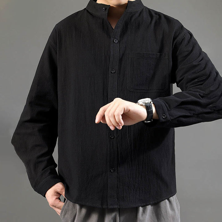 Camisa de lino cómoda de manga larga con cuello alto y bolsillo para hombre Buddha Stones - image 20