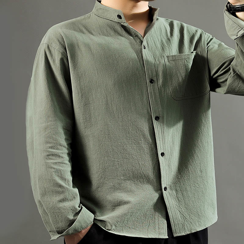 Camisa de lino cómoda de manga larga con cuello alto y bolsillo para hombre Buddha Stones - image 5