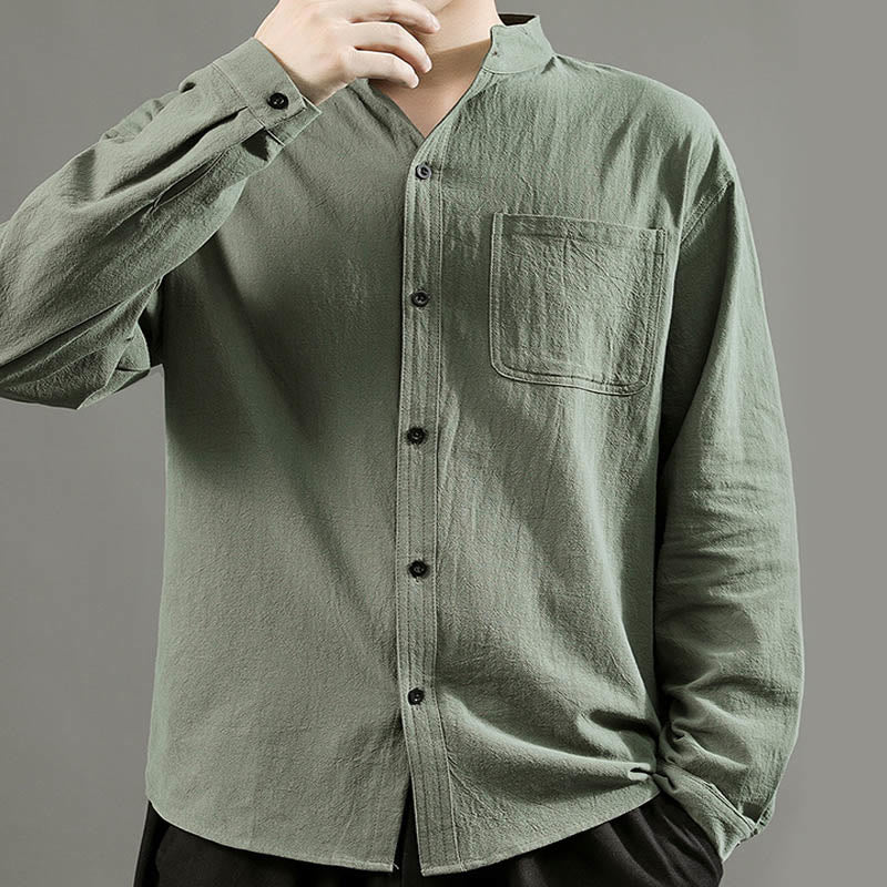 Camisa de lino cómoda de manga larga con cuello alto y bolsillo para hombre Buddha Stones - image 3