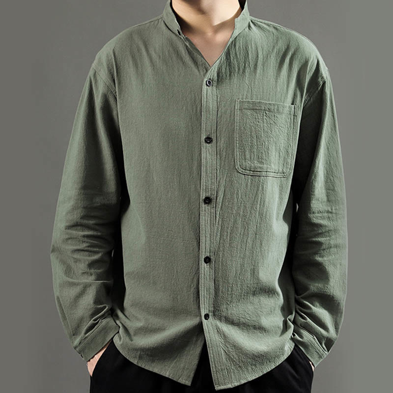 Camisa de lino cómoda de manga larga con cuello alto y bolsillo para hombre Buddha Stones - image 2