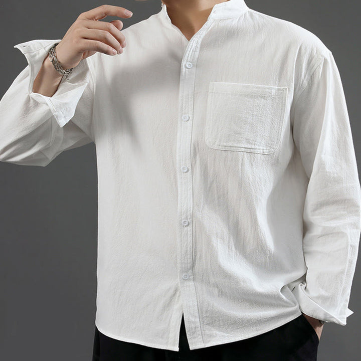 Camisa de lino cómoda de manga larga con cuello alto y bolsillo para hombre Buddha Stones - image 11