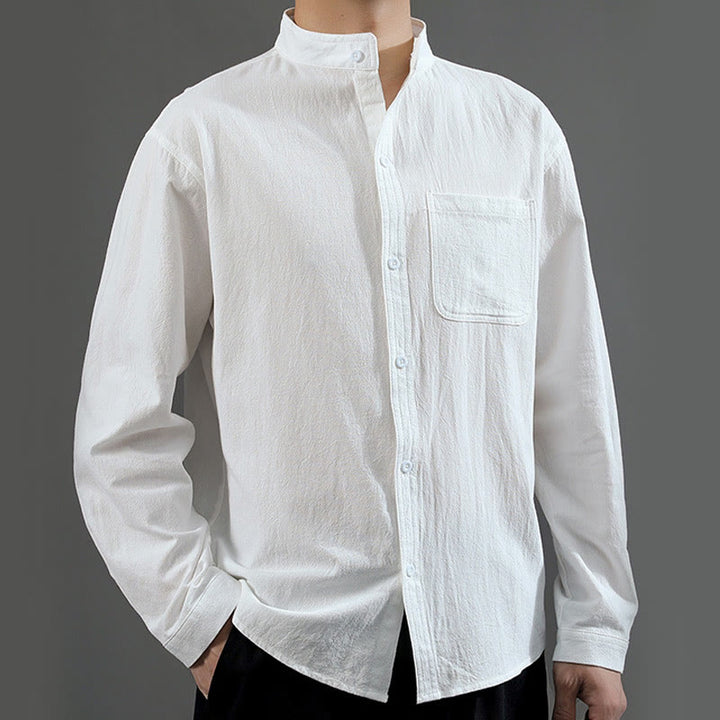 Camisa de lino cómoda de manga larga con cuello alto y bolsillo para hombre Buddha Stones - image 12