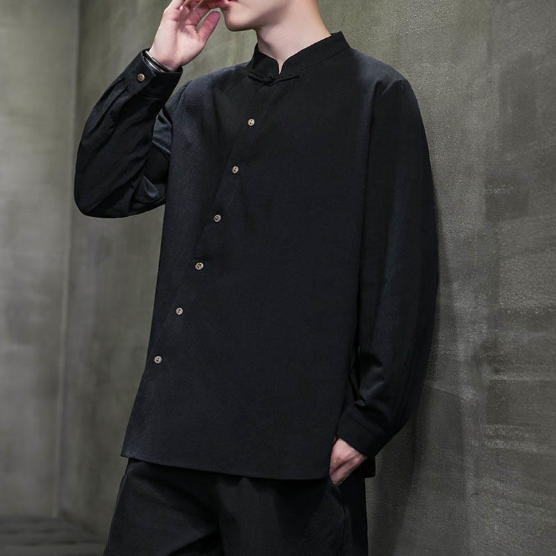 Camisa de lino y algodón cómoda con cuello alto y manga larga para hombre de Buddha Stones - image 16