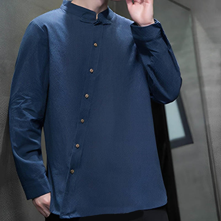 Camisa de lino y algodón cómoda con cuello alto y manga larga para hombre de Buddha Stones - image 8