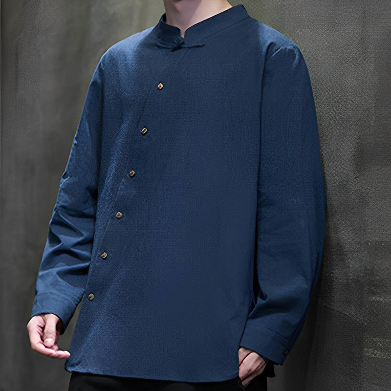 Camisa de lino y algodón cómoda con cuello alto y manga larga para hombre de Buddha Stones - image 9