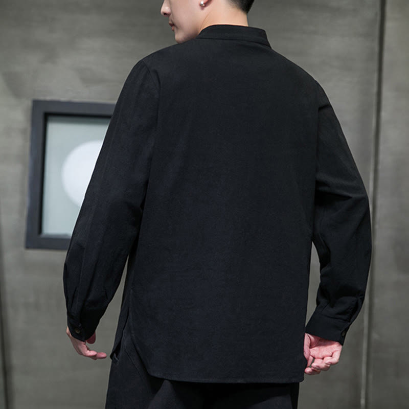 Camisa de lino y algodón cómoda con cuello alto y manga larga para hombre de Buddha Stones - image 15