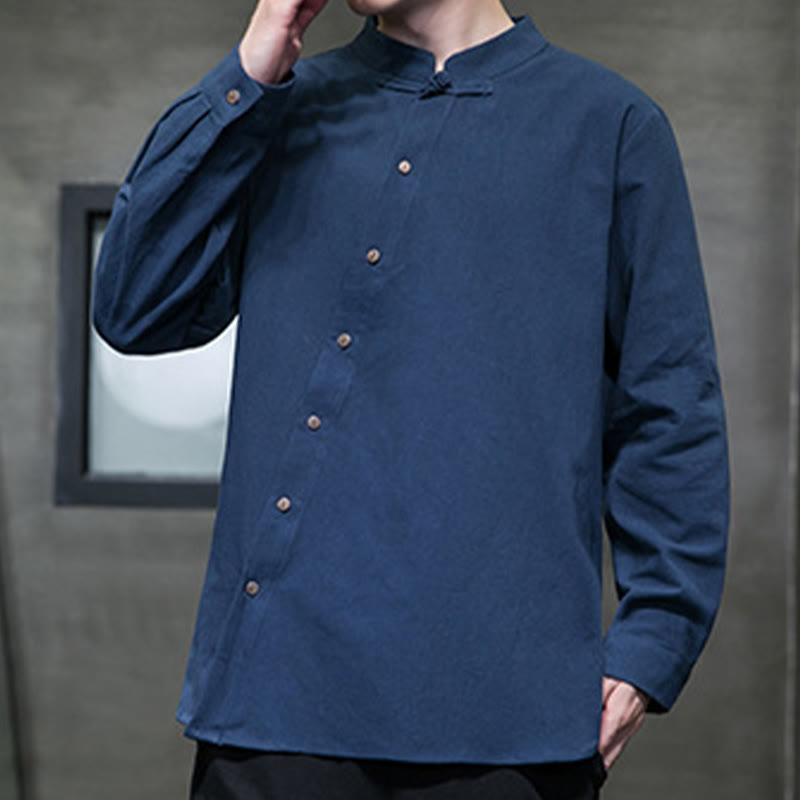 Camisa de lino y algodón cómoda con cuello alto y manga larga para hombre de Buddha Stones - image 10