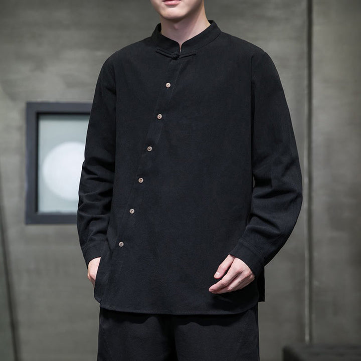 Camisa de lino y algodón cómoda con cuello alto y manga larga para hombre de Buddha Stones - Negro - US/UK/AU46, EU56 (5XL) - image 14