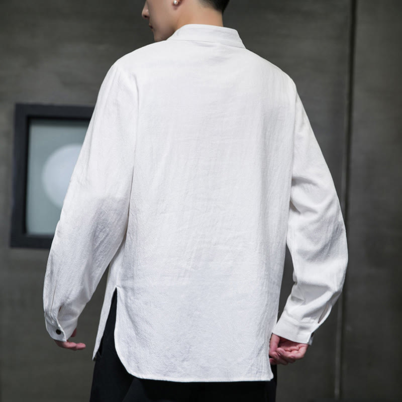 Camisa de lino y algodón cómoda con cuello alto y manga larga para hombre de Buddha Stones - image 2