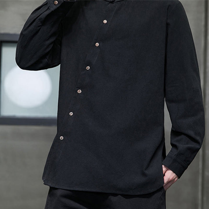 Camisa de lino y algodón cómoda con cuello alto y manga larga para hombre de Buddha Stones - image 19