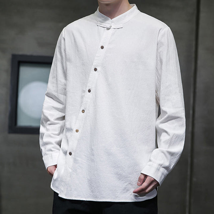 Camisa de lino y algodón cómoda con cuello alto y manga larga para hombre de Buddha Stones - image 1
