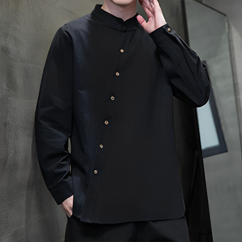 Camisa de lino y algodón cómoda con cuello alto y manga larga para hombre de Buddha Stones - image 18