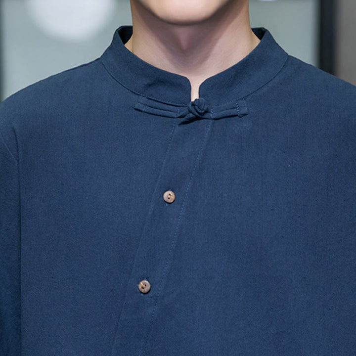 Camisa de lino y algodón cómoda con cuello alto y manga larga para hombre de Buddha Stones - image 11