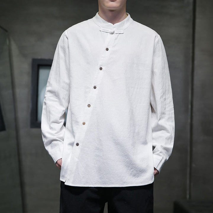 Camisa de lino y algodón cómoda con cuello alto y manga larga para hombre de Buddha Stones - Blanco - US/UK/AU46, EU56 (5XL) - image 0