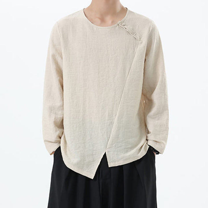 Camisa de lino y algodón cómoda con cuello redondo y manga larga para hombre de Buddha Stones - PapayaWhip - US/UK/AU46, EU56 (5XL) - image 14