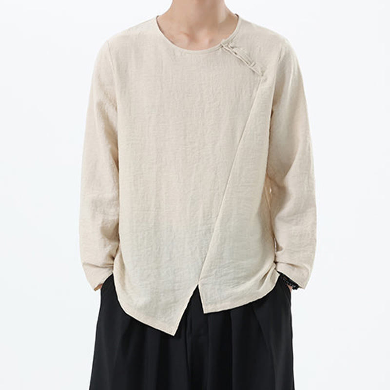 Camisa de lino y algodón cómoda con cuello redondo y manga larga para hombre de Buddha Stones - PapayaWhip - US/UK/AU46, EU56 (5XL) - image 14