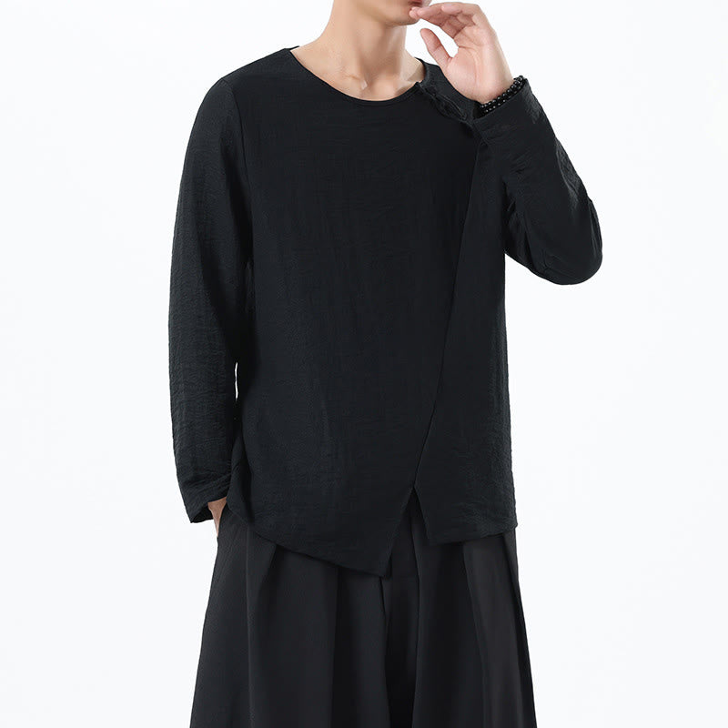 Camisa de lino y algodón cómoda con cuello redondo y manga larga para hombre de Buddha Stones - image 27