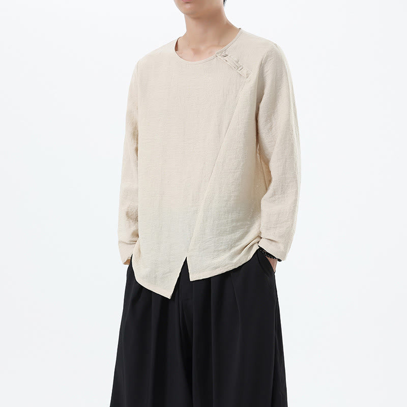 Camisa de lino y algodón cómoda con cuello redondo y manga larga para hombre de Buddha Stones - image 15