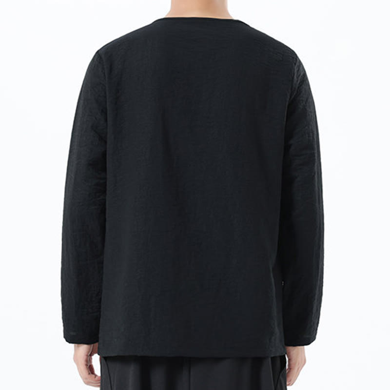 Camisa de lino y algodón cómoda con cuello redondo y manga larga para hombre de Buddha Stones - image 28