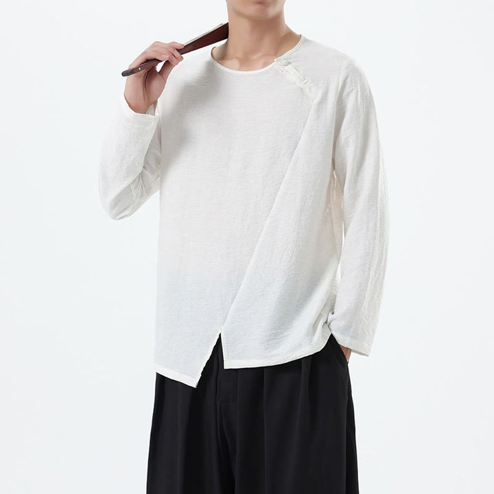 Camisa de lino y algodón cómoda con cuello redondo y manga larga para hombre de Buddha Stones - image 12