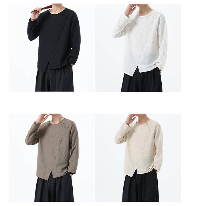 Camisa de lino y algodón cómoda con cuello redondo y manga larga para hombre de Buddha Stones - image 34