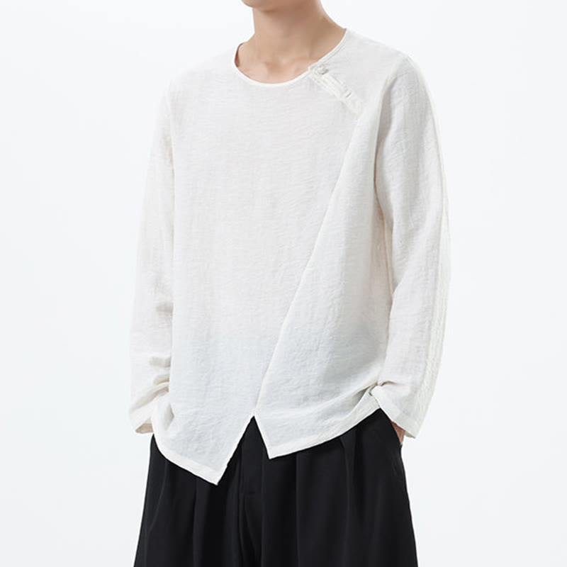 Camisa de lino y algodón cómoda con cuello redondo y manga larga para hombre de Buddha Stones - image 11