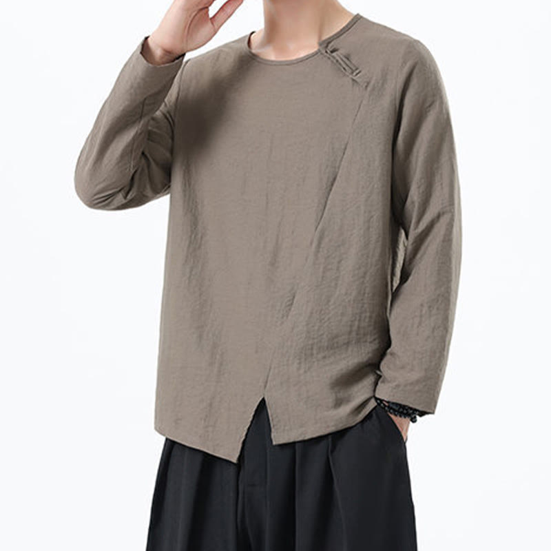 Camisa de lino y algodón cómoda con cuello redondo y manga larga para hombre de Buddha Stones - image 4