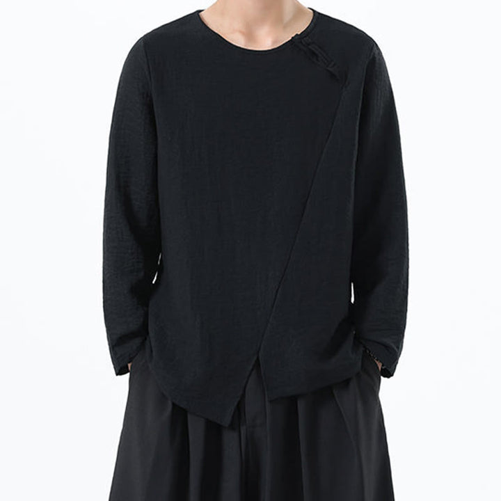 Camisa de lino y algodón cómoda con cuello redondo y manga larga para hombre de Buddha Stones - Negro - US/UK/AU46, EU56 (5XL) - image 26