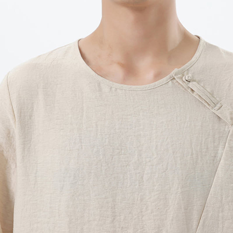 Camisa de lino y algodón cómoda con cuello redondo y manga larga para hombre de Buddha Stones - image 22