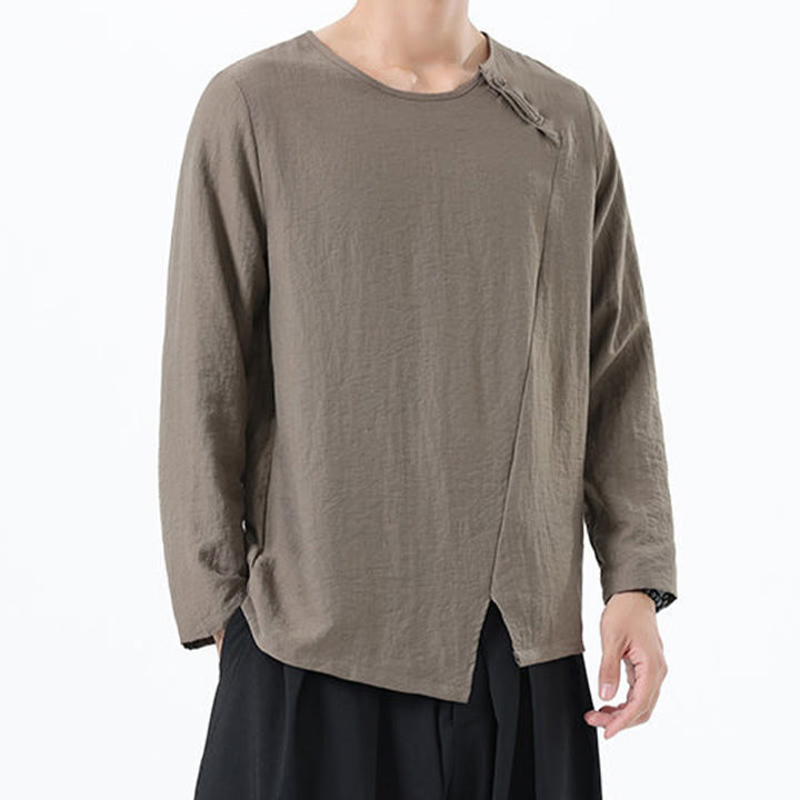 Camisa de lino y algodón cómoda con cuello redondo y manga larga para hombre de Buddha Stones - image 3