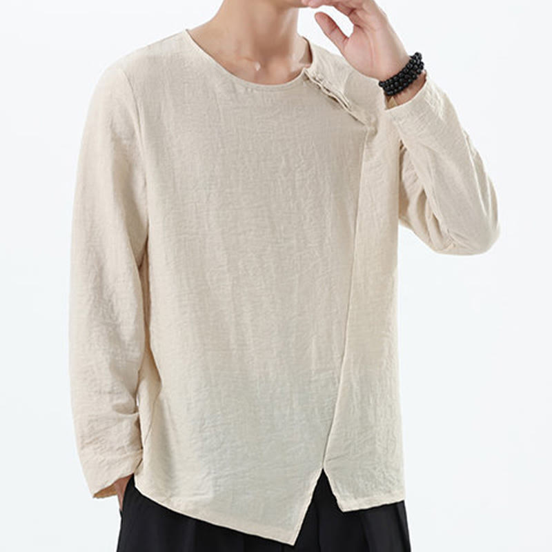 Camisa de lino y algodón cómoda con cuello redondo y manga larga para hombre de Buddha Stones - image 18