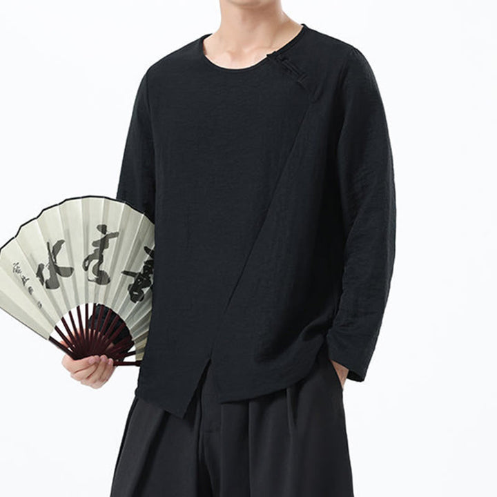 Camisa de lino y algodón cómoda con cuello redondo y manga larga para hombre de Buddha Stones - image 31