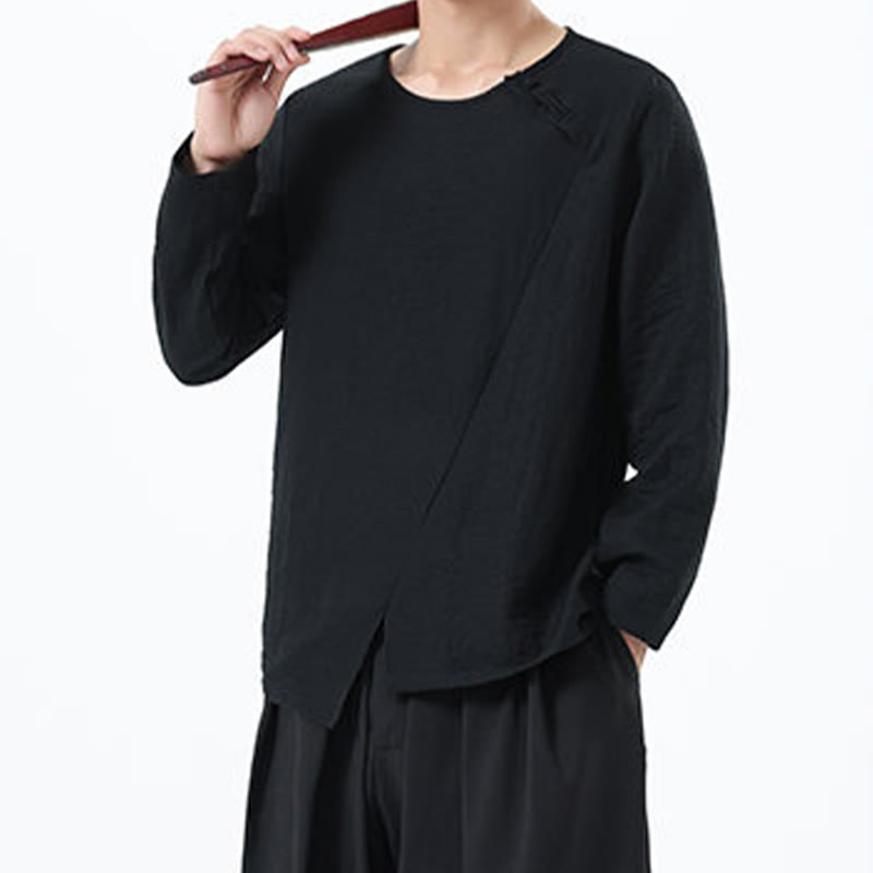 Camisa de lino y algodón cómoda con cuello redondo y manga larga para hombre de Buddha Stones - image 30