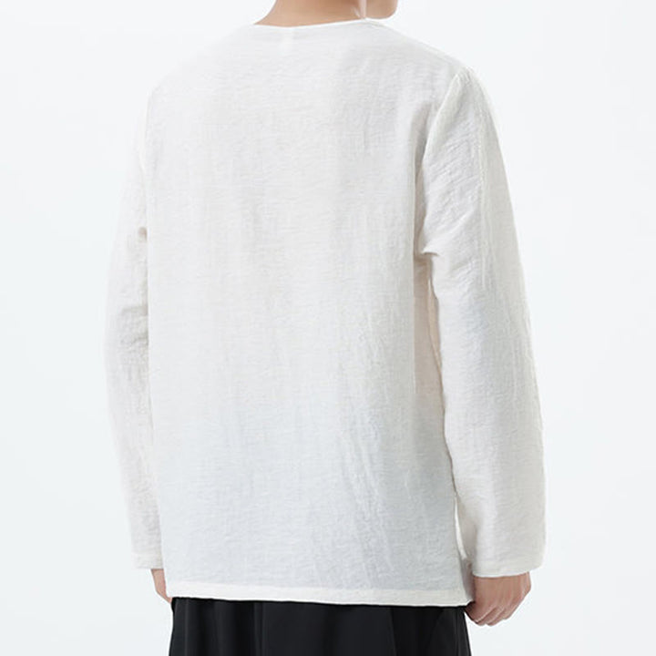 Camisa de lino y algodón cómoda con cuello redondo y manga larga para hombre de Buddha Stones - image 8