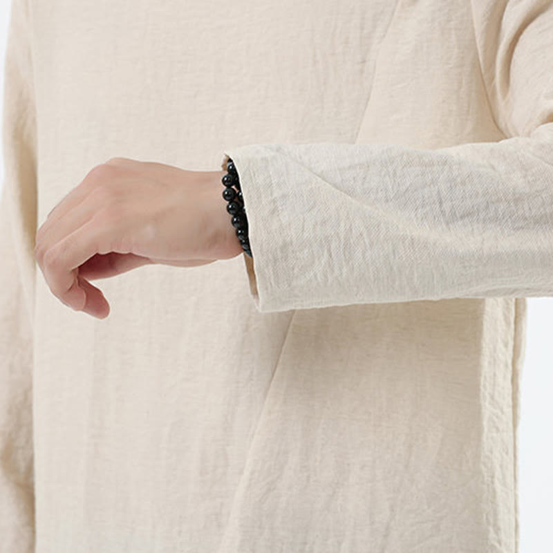 Camisa de lino y algodón cómoda con cuello redondo y manga larga para hombre de Buddha Stones - image 25