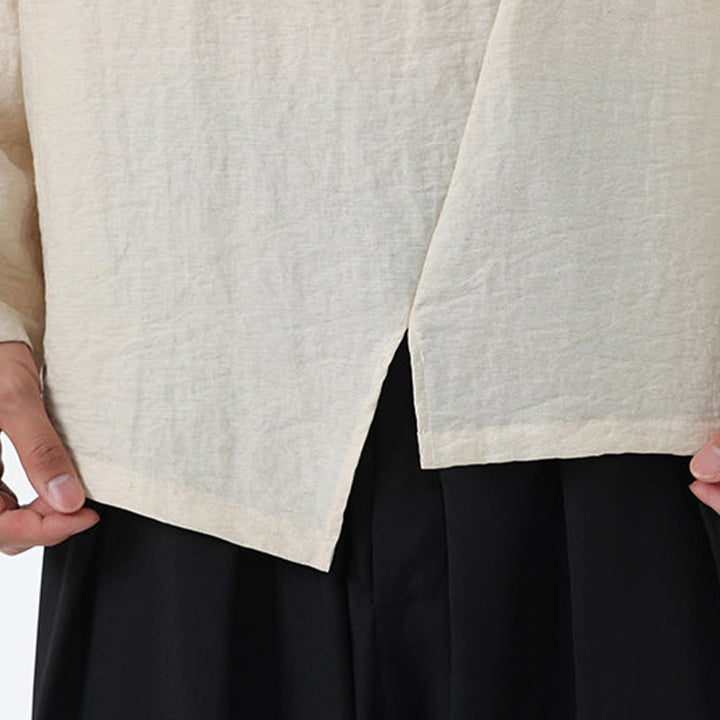 Camisa de lino y algodón cómoda con cuello redondo y manga larga para hombre de Buddha Stones - image 24