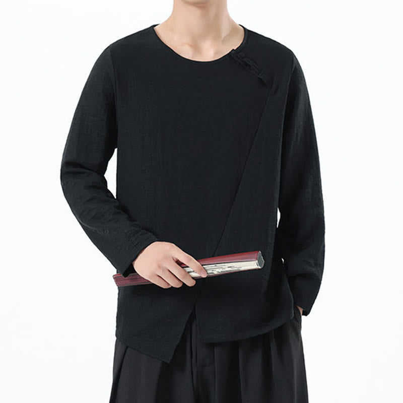 Camisa de lino y algodón cómoda con cuello redondo y manga larga para hombre de Buddha Stones - image 32