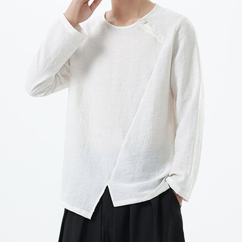 Camisa de lino y algodón cómoda con cuello redondo y manga larga para hombre de Buddha Stones - image 13