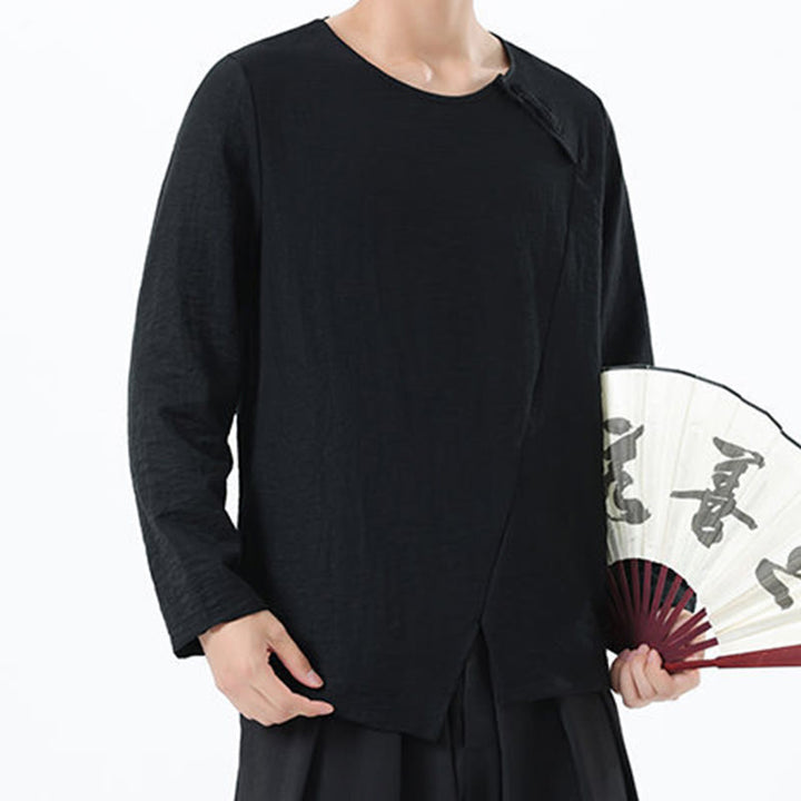 Camisa de lino y algodón cómoda con cuello redondo y manga larga para hombre de Buddha Stones - image 33