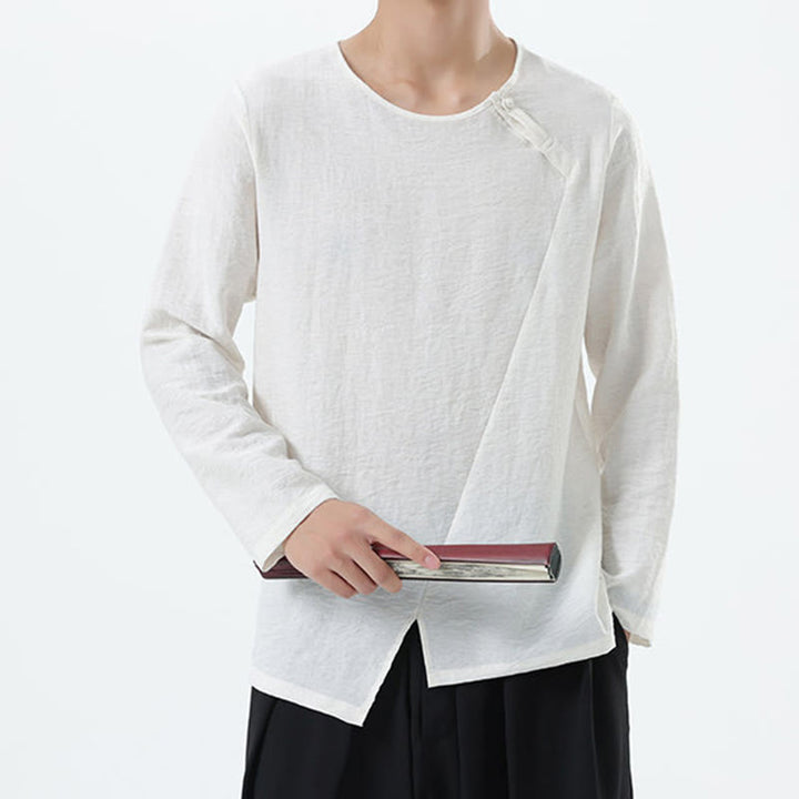 Camisa de lino y algodón cómoda con cuello redondo y manga larga para hombre de Buddha Stones - image 9