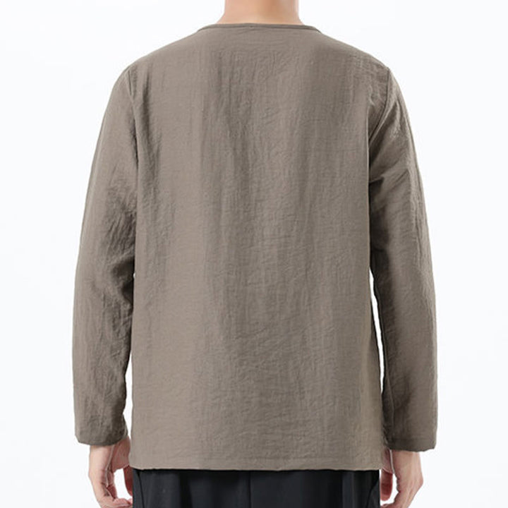 Camisa de lino y algodón cómoda con cuello redondo y manga larga para hombre de Buddha Stones - image 2