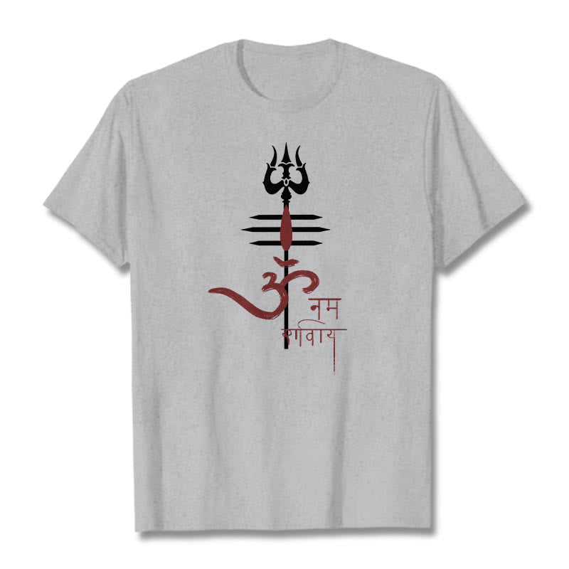 Camiseta de algodón con diseño de tridente de Buddha Stones OM NAMAH SHIVAYA - Gris claro - 2XL - image 1