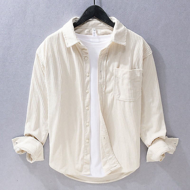 Camisa informal de pana con cuello vuelto y manga larga para hombre de Buddha Stones - Marfil - US/UK/AU42, EU52 (3XL) - image 2