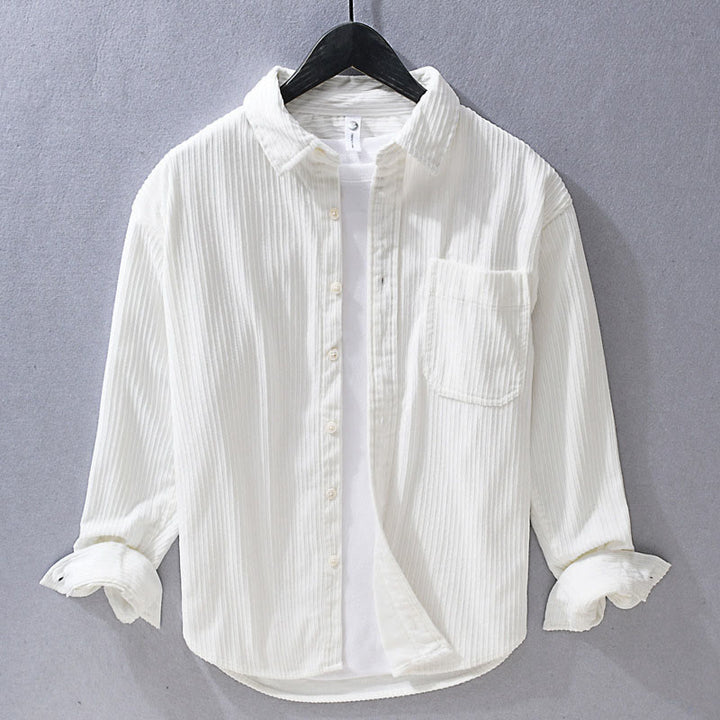 Camisa informal de pana con cuello vuelto y manga larga para hombre de Buddha Stones - Blanco - US/UK/AU42, EU52 (3XL) - image 3
