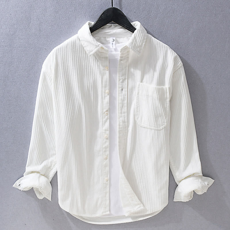 Camisa informal de pana con cuello vuelto y manga larga para hombre de Buddha Stones - Blanco - US/UK/AU42, EU52 (3XL) - image 3