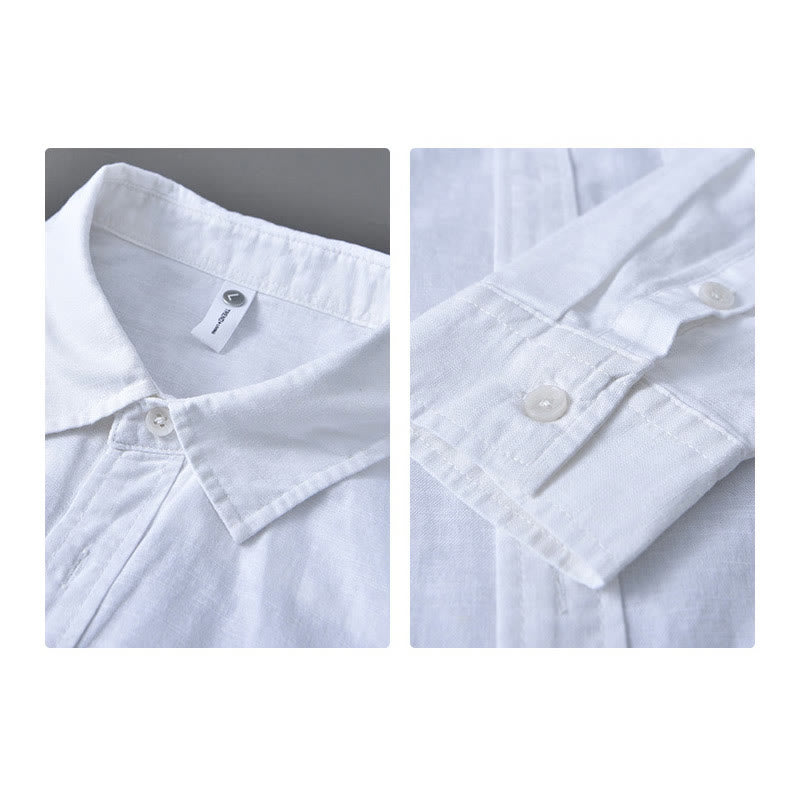 Camisa de algodón cómoda de color puro con cuello vuelto y manga larga para hombre de Buddha Stones con bolsillo - image 16