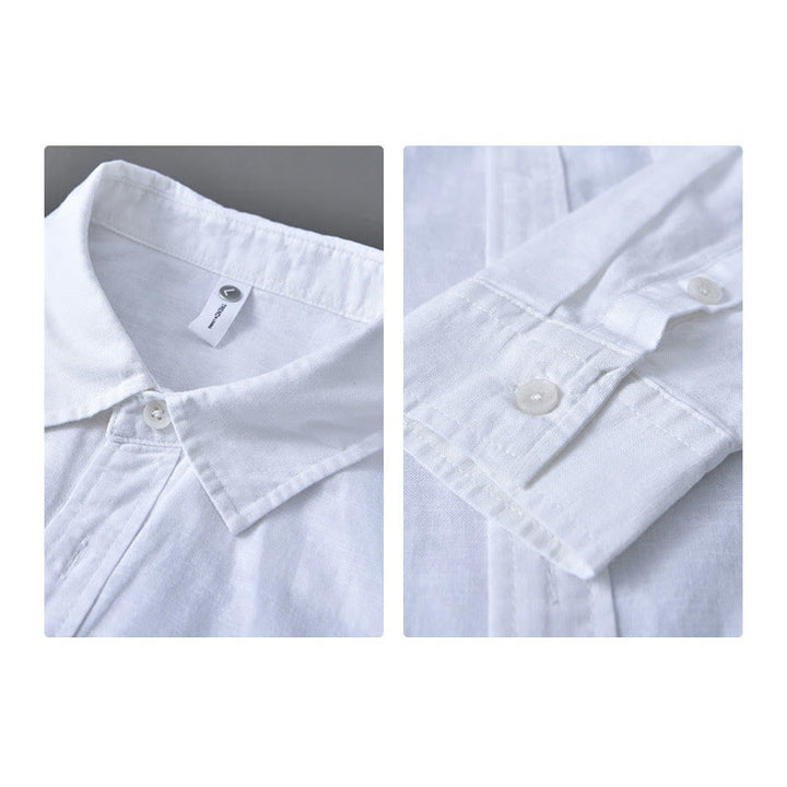 Camisa de algodón cómoda de color puro con cuello vuelto y manga larga para hombre de Buddha Stones con bolsillo - image 16