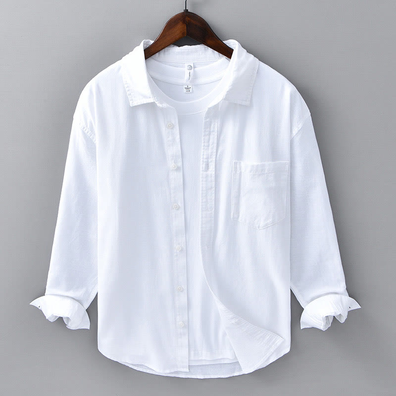 Camisa de algodón cómoda de color puro con cuello vuelto y manga larga para hombre de Buddha Stones con bolsillo - Blanco - US/UK/AU42, EU52 (3XL) - image 13