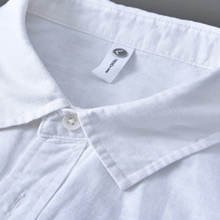 Camisa de algodón cómoda de color puro con cuello vuelto y manga larga para hombre de Buddha Stones con bolsillo - image 14